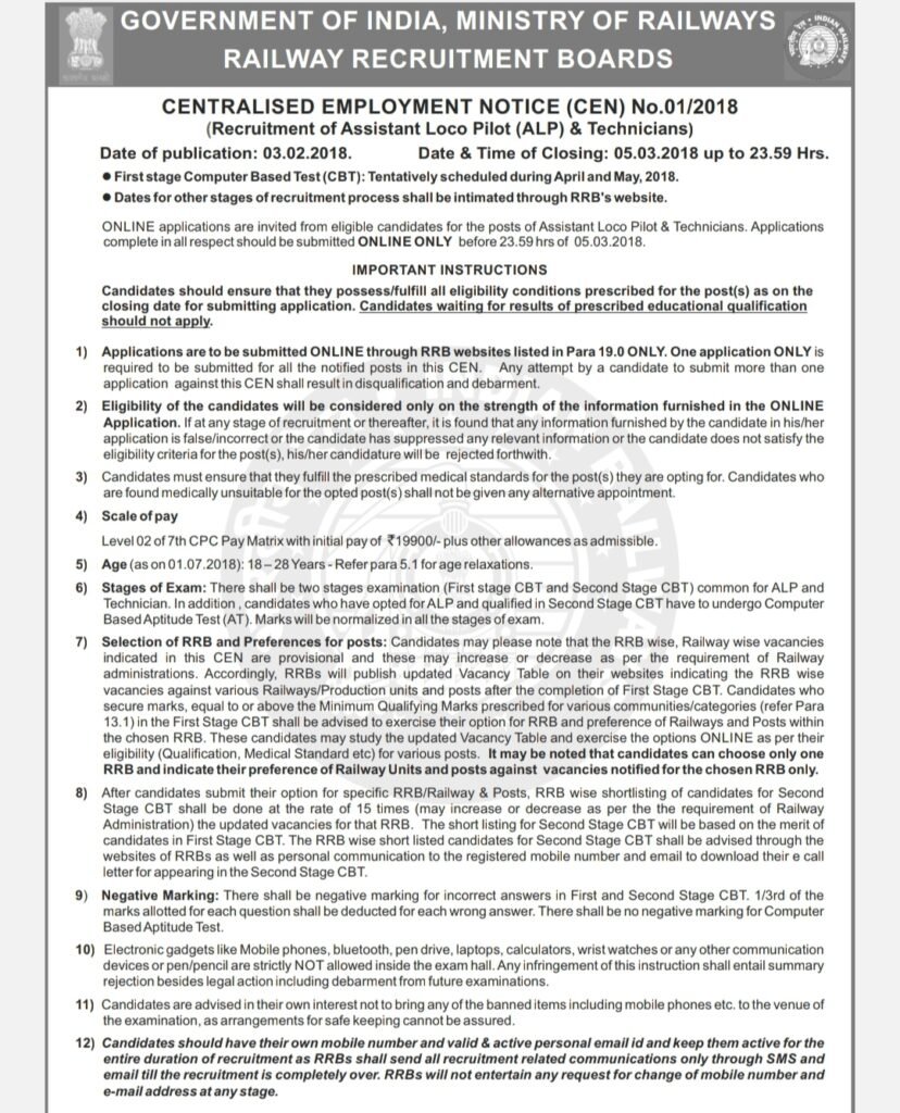 RRB ALP Vacancy notification